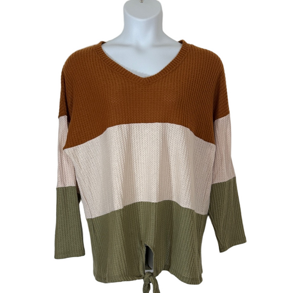 Chic Soul Color Block Brown Cream Green  Textured Knit Top SKU1191 - Picture 1 of 9